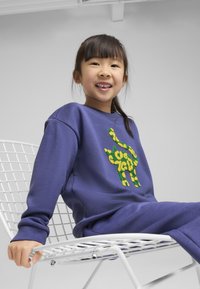 Sudadera morada con un gráfico de animal texturizado en amarillo y verde, acompañada de pantalones de chándal a juego, usados por un niño sentado en una silla blanca.