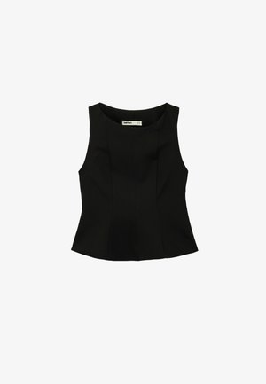 Sleeveless black fitted top with a round neckline and vertical seam details on front, label visible inside the collar.