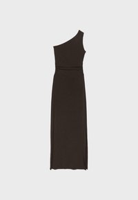 Robe longue noire sans manches avec une épaule, taille ajustée et jupe droite sur fond blanc.