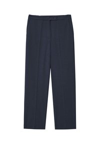 Pantalons ajustés bleu marine avec une texture lisse, dotés d'une fermeture à bouton, de deux poches latérales et d'une coupe évasée avec des plis.