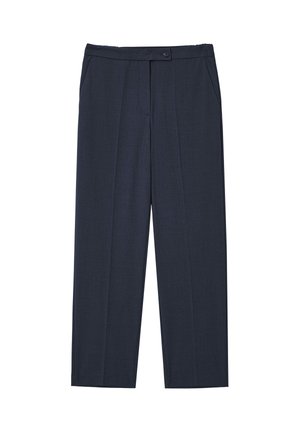 Pantalons ajustés bleu marine avec une texture lisse, dotés d'une fermeture à bouton, de deux poches latérales et d'une coupe évasée avec des plis.