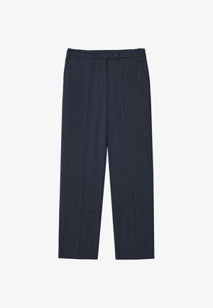 Pantaloni sartoriali blu navy con una texture liscia, dotati di chiusura a bottone, due tasche laterali e design a gamba larga con pieghe.