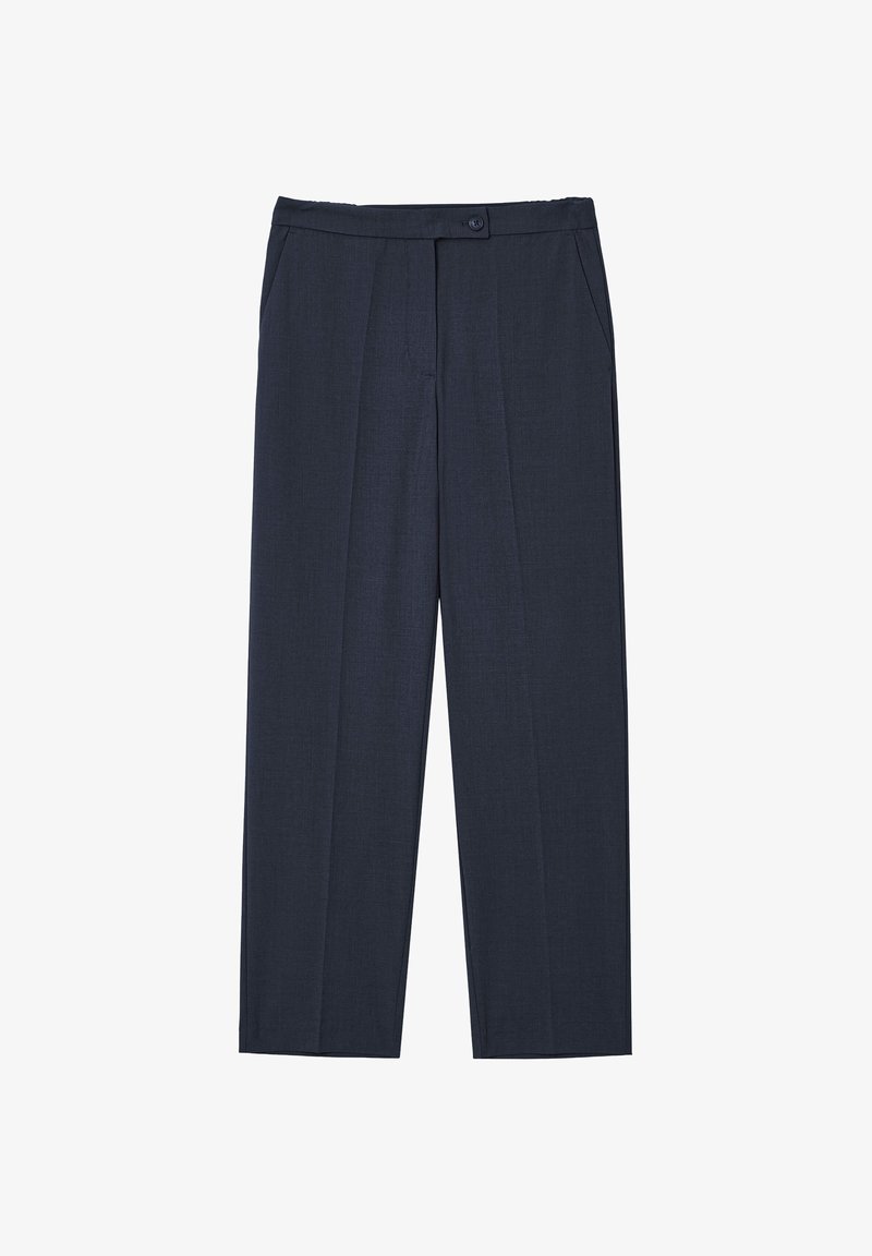 Hose in Marineblau, tailliert und mit glatter Oberfläche, ausgestattet mit einem Knopfverschluss, zwei seitlichen Taschen und einem weit geschnittenen Design mit Falten.