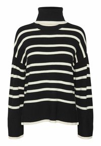 Pull à col roulé à rayures noires et crème, avec une coupe décontractée, des poignets et un ourlet côtelés, fabriqué dans un tissu tricoté doux.