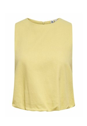 Bezrokaina gaiši dzeltena īsā topiņa ar apaļu kakla izgriezumu un aizmugurējo rāvējslēdzēju slēgumu, izgatavota no viegla auduma.