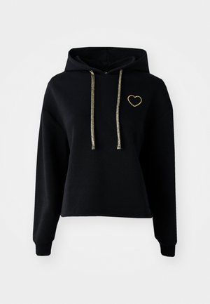 Zwarte cropped hoodie met een voorzak, voorzien van een gouden hartborduursel en glanzende gouden trekkoorden. Gemaakt van zachte, geweven stof.