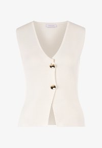 Cárdigan sin mangas blanco con escote en V y botones dorados en la parte delantera. Está hecho de un material texturizado, presenta una forma ajustada y un frente abierto.