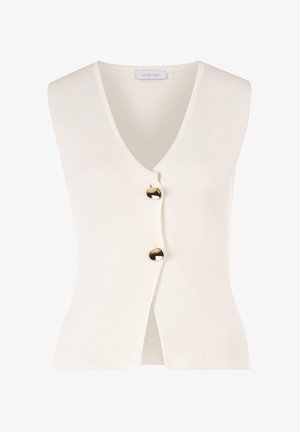 Witte mouwloze cardigan met een v-hals en gouden knopen aan de voorkant. Gemaakt van een gestructureerd materiaal, heeft het een aangesloten pasvorm en een open voorkant.