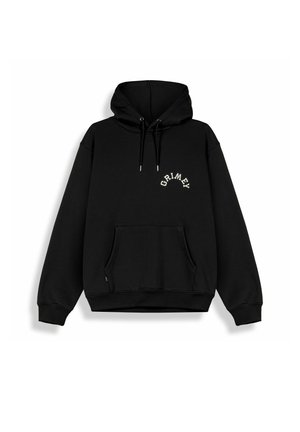 Czarna bluza z kapturem z przednią kieszenią i białym, zakrzywionym napisem "GRIMEY" po lewej stronie klatki piersiowej, wyposażona w kaptur z troczkami i ściągacze na rękawach.