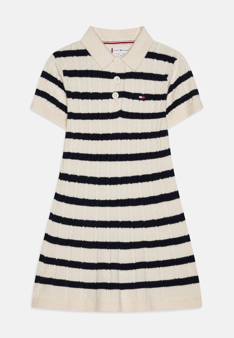 Stickad poloklänning med marinblå och krämfärgade ränder, kragkrage, treknapps stängning och texturerad, ribbad tyg.