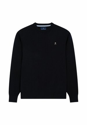 Suéter negro de cuello redondo con mangas largas y un pequeño logo de remos cruzados blancos en el pecho izquierdo.