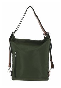 Sac à bandoulière en nylon vert au design souple, agrémenté de détails en cuir marron, une poche zippée argentée et une sangle ajustable pour un port polyvalent.