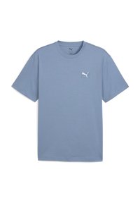 Tricou din bumbac de culoare albastru deschis, cu mâneci scurte, decolteu rotund și un mic logo alb Puma pe partea stângă a pieptului. Textură netedă.