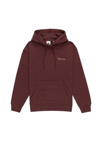 Felpa con cappuccio bordeaux realizzata in tessuto morbido, dotata di una tasca frontale a marsupio, cappuccio con coulisse e un piccolo logo "Element" in oro.