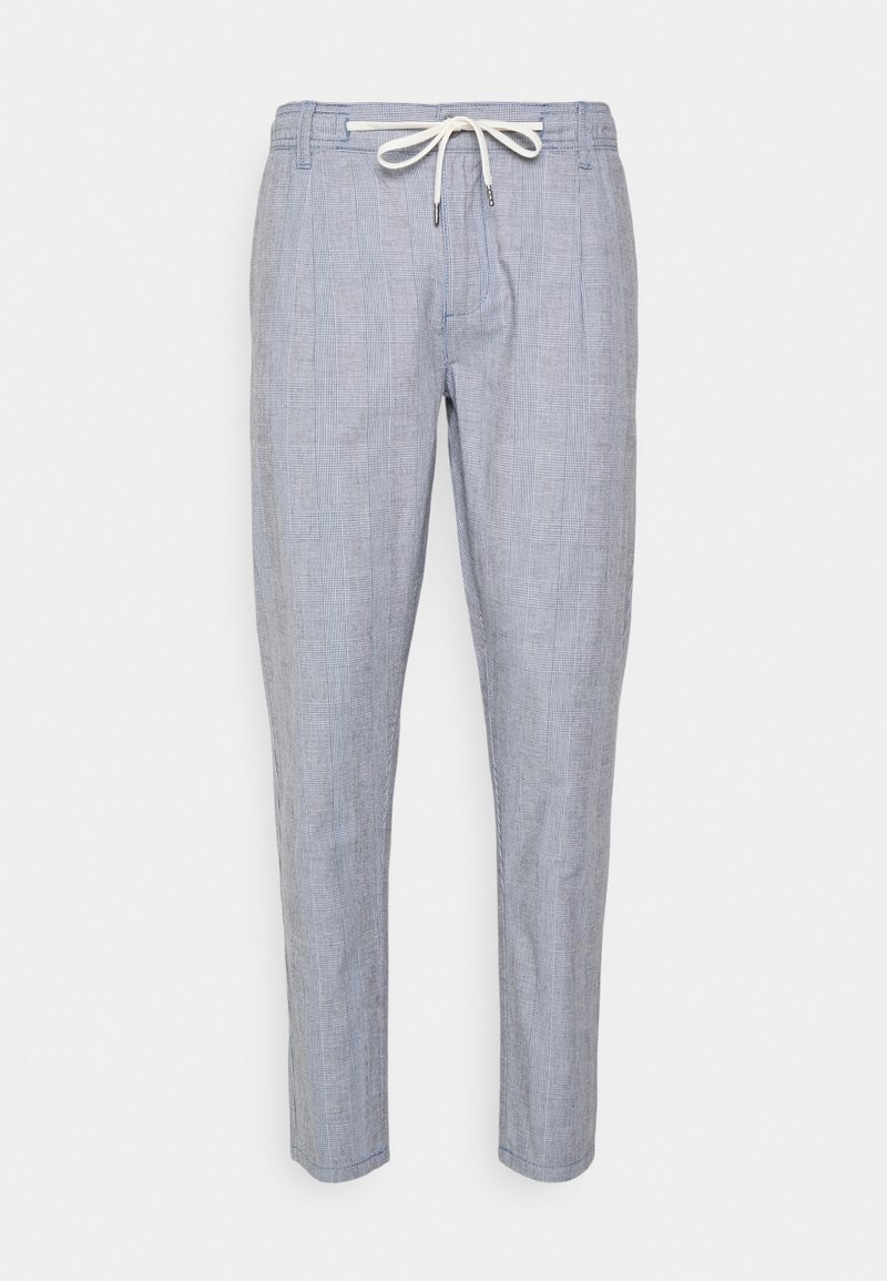 Light blue plaid tapered pants with white drawstring waist and belt loops, displayed on a plain white background.