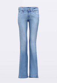 Svetlo modre kavbojke iz jeansa z razširjenimi nogami, srednje visokim pasom, pet žepnim dizajnom in raztrganimi robovi. Gladek tekstura z rahlim bledenjem.