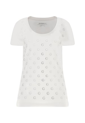 T-shirt blanc à manches courtes avec un col rond, arborant des logos G en argent dans un motif perforé sur toute la surface. Fabriqué en coton doux.