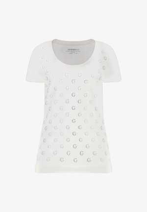 T-shirt blanc à manches courtes avec un col rond, arborant des logos G en argent dans un motif perforé sur toute la surface. Fabriqué en coton doux.