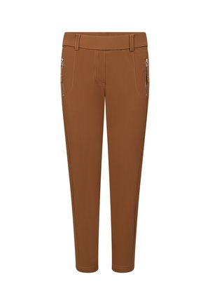 Braune eng anliegende Hose mit seitlichen Reißverschlusstaschen, Gürtelschlaufen und sichtbaren Nähten, vor weißem Hintergrund gezeigt.