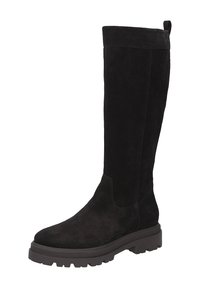 Zwarte zachtleren kniehoge laarzen met een vlakke rubberen zool, met een gladde textuur en minimalistisch ontwerp, ideaal voor casual wear.