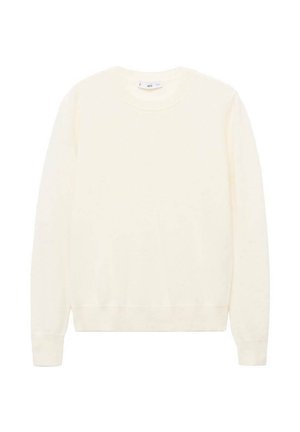 Cream-colored sweater with a classic round neckline, ribbed cuffs and hem, and a soft texture. Lightweight fabric with a smooth finish.