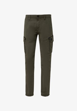 Olivgrüne Cargo-Hosen aus strapazierfähigem Stoff, mit seitlichen Taschen, einer enganliegenden Knöchellänge und einem Knopfverschluss am Bund.