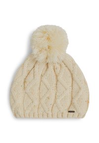 Stickad krämfärgad mössa med ett strukturerat diamantmönster, prydd med en fluffig pom-pom. Har subtila flerfärgade inslag och en liten etikett.