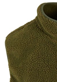 Grüner Fleece-Weste mit einer strukturierten, flauschigen Oberfläche, hohem Kragen und flachen Nähten, die eine einfarbige Optik ohne sichtbare Beschläge aufweist.