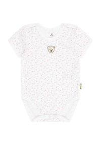 Body de bebé de manga corta en algodón blanco con pequeño estampado de flores en rosa y apliqué de un oso en el pecho. Cierre de botón en la parte inferior.