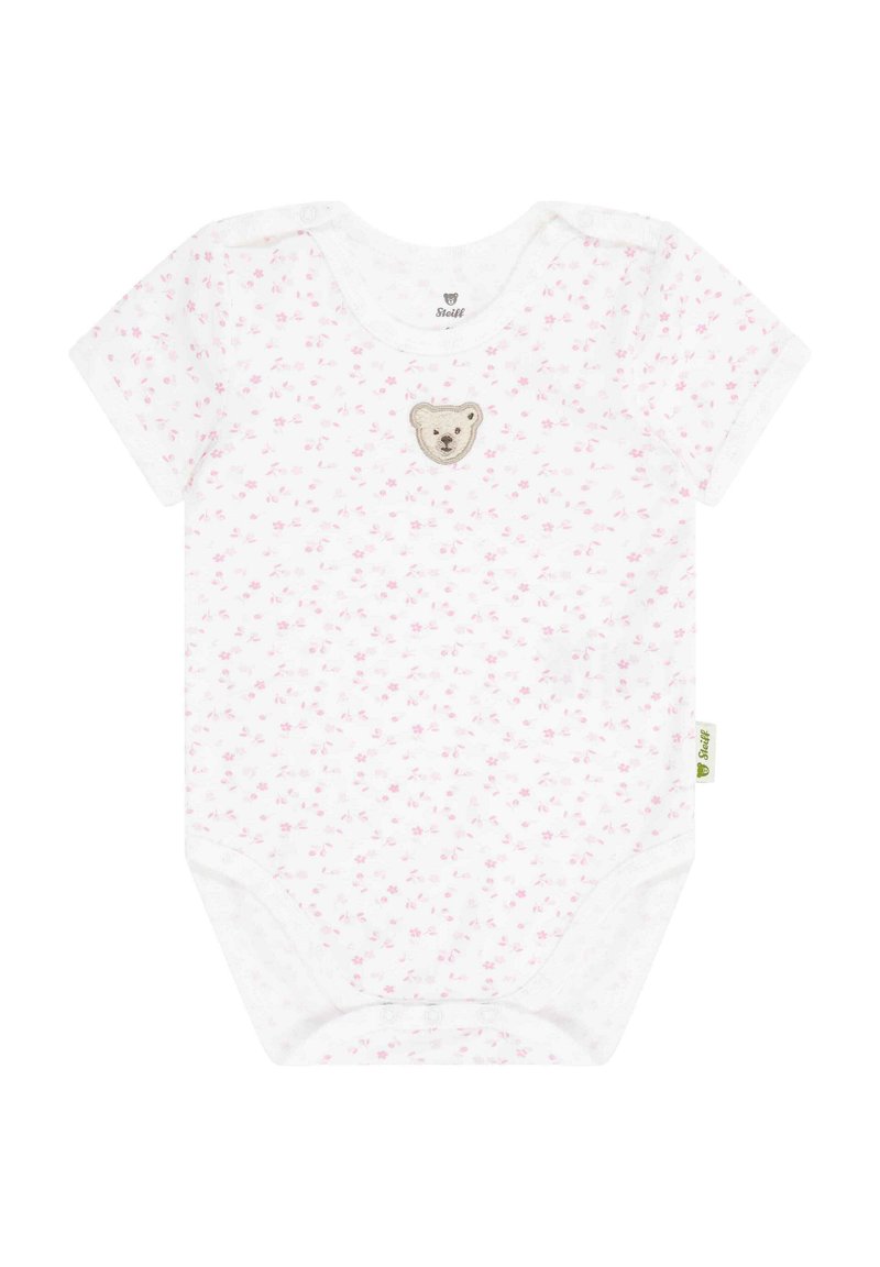 Body de bebé de manga corta en algodón blanco con pequeño estampado de flores en rosa y apliqué de un oso en el pecho. Cierre de botón en la parte inferior.