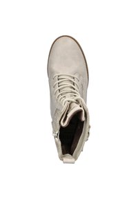 Bottine beige en cuir avec lacets, panneau latéral texturé et bout rond. Dotée d'une semelle en caoutchouc marron et d'accents en quincaillerie décorative.