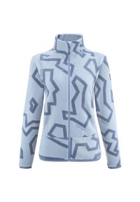 Hellblaues Fleece-Jacke mit abstrakten, dunkelblauen geometrischen Mustern, vorderem Reißverschluss, hohem Kragen und langen Ä sleeves.