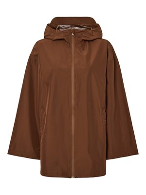 Veste marron légère, résistante à l'eau, avec capuche, manches longues et fermeture éclair ; présente une texture de tissu lisse et brillante.
