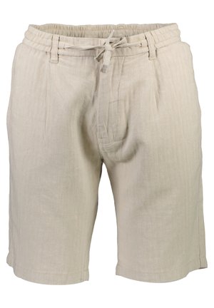 Beige Leinen-Shorts mit einem elastischen Bund, verstellbarem Kordelzug und Seitentaschen. Merkmale einen strukturierten, atmungsaktiven Stoff.