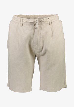 Bēša linu šorti ar elastīgu jostu, regulējamu auklu un sānu kabatām. Iespējot teksturētu, elpojošu audumu.