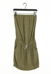 Olivgrünes, knielanges Kleid mit einem elastischen Taillenbund, Seitentaschen und einer Kordelzug-Details. Weicher Stoff und lockere Passform.
