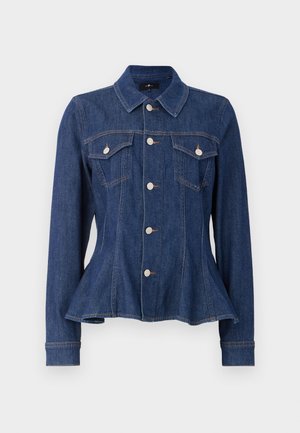 Veste en denim bleu foncé avec une taille ajustée, fermeture à boutons, deux poches poitrine et manches longues. Comprend un col pointu et des détails de couture subtils.