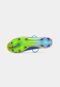 Football cleat with a blue upper and multicolored sole, featuring a gradient of green and yellow and six black studs for traction.