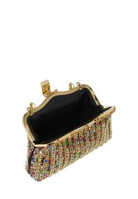 Borsa a tracolla colorata con paillettes, dotata di una chiusura dorata, esterno testurizzato con un motivo di gemme multicolori e interno in tessuto nero.
