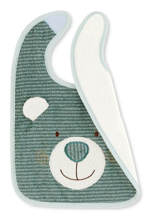 Bärenmotiv-Lätzchen aus strukturiertem tealfarbenem Stoff mit bestickten Gesichtsdetails, ausgestattet mit einer weichen, weißen Frottee-Rückseite und hellblauen Akzenten.