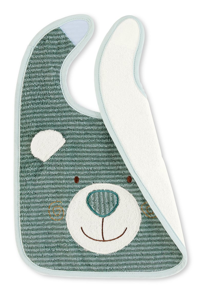 Bear-themed bib made of textured teal fabric with embroidered face details, featuring a soft, white terrycloth backing and light blue trim.