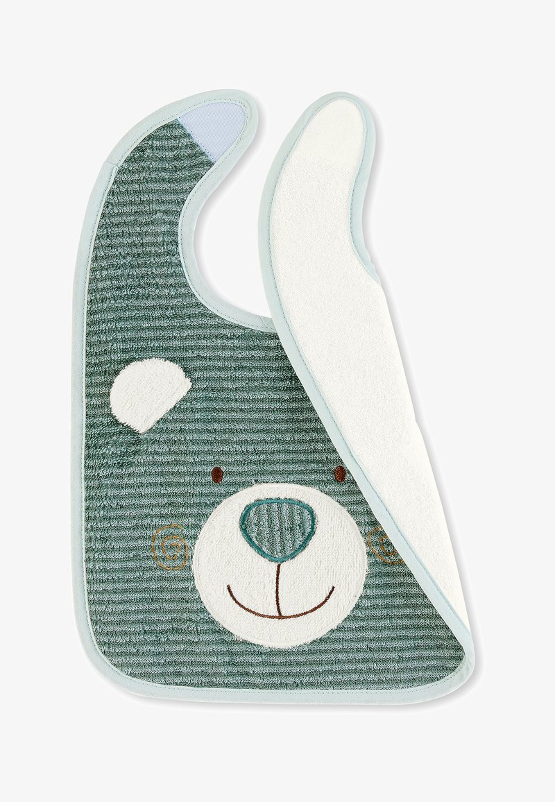 Bear-themed bib made of textured teal fabric with embroidered face details, featuring a soft, white terrycloth backing and light blue trim.