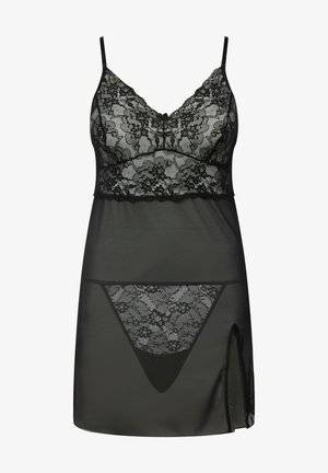 Schwarzes Spitzennachtkleid mit verstellbaren Trägern, durchscheinendem Material, floralen Spitzenrändern und einem passenden Tanga mit seitlichem Schlitz.