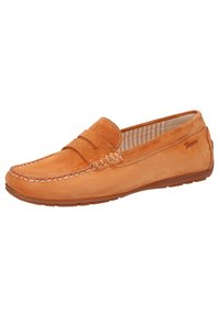 Wildleder-Loafers in Orange mit gesticktem Design. Verfügt über einen Penny-Riemen und ein gestreiftes Innenfutter. Flache Gummisohle für Komfort.