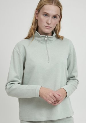 Sweat-shirt zippé vert clair avec un col haut, des manches longues et une texture douce. Présente un discret détail de couture le long des coutures.