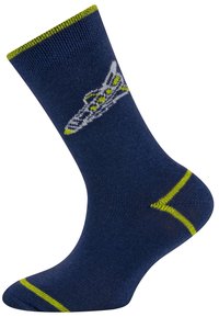 Navyblaue Socke mit limettengrünen Akzenten, ausgestattet mit einem weißen grafischen Design eines Sneakers. Hergestellt aus gestricktem Material mit gerippter Textur.