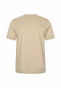 Bež kratka majica z okroglim izrezom, prikazana od zadaj, z enostavnim šivom in običajnim krojem.