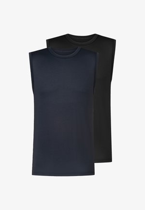 To ærmeløse tanktoppe med rund hals, den ene mørkeblå foran og den anden sort bagved, vist mod en hvid baggrund.