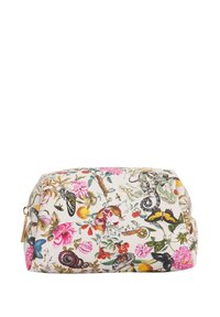 Borsa cosmetica floreale con fondo crema, caratterizzata da motivi botanici e animali colorati. Chiusura con cerniera, tessuto morbido.