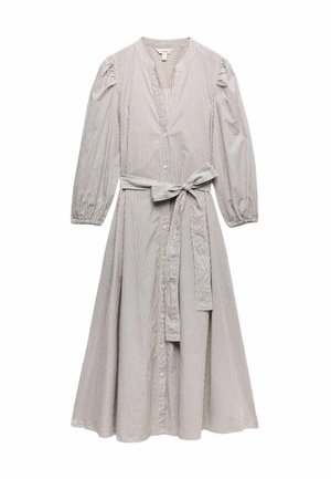 Midi šaty s dlouhým rukávem, tenkými vertikálními proužky, zapínáním na knoflíky vpředu, výstřihem do V, nařasenými rameny a zavazovacím páskem v pase.